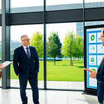 A diverse team of professional environmental consultants and business leaders in modest, professional business attire, standing in a bright, modern, eco-friendly corporate lobby with large windows overlooking a lush, green urban park. Subtle elements of renewable energy technology are visible in the background. They are engaged in a collaborative discussion, pointing towards a large digital screen displaying clean energy metrics and sustainability goals. Their expressions are thoughtful and optimistic. Professional photography, high-resolution, sharp focus, natural lighting, perfect anatomy, correct proportions, well-formed hands, proper finger count, natural pose. Safe for work, appropriate content, fully clothed, professional, modest, family-friendly.