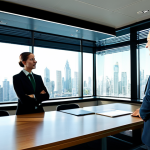 A diverse group of professional business leaders, fully clothed in modest business suits, gathered around a large, transparent digital display in a sunlit, modern corporate boardroom. They are actively discussing sustainability strategies and reviewing complex charts and environmental data, showcasing collaborative engagement. The room features subtle green design elements and a city skyline visible through large windows. Perfect anatomy, correct proportions, natural pose, well-formed hands, proper finger count, natural body proportions, professional photography, high quality, safe for work, appropriate content, family-friendly, professional dress.