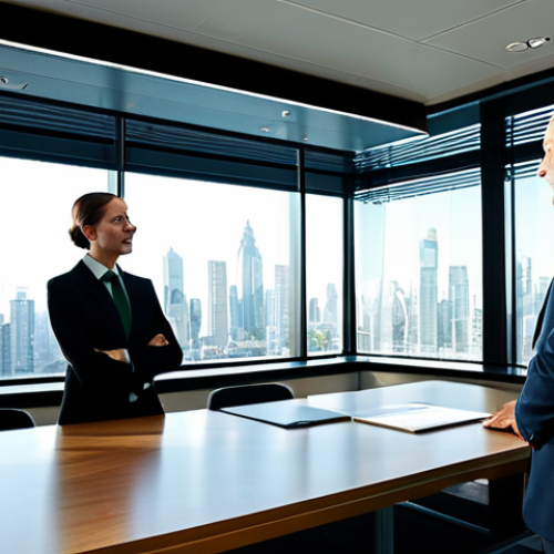 A diverse group of professional business leaders, fully clothed in modest business suits, gathered around a large, transparent digital display in a sunlit, modern corporate boardroom. They are actively discussing sustainability strategies and reviewing complex charts and environmental data, showcasing collaborative engagement. The room features subtle green design elements and a city skyline visible through large windows. Perfect anatomy, correct proportions, natural pose, well-formed hands, proper finger count, natural body proportions, professional photography, high quality, safe for work, appropriate content, family-friendly, professional dress.