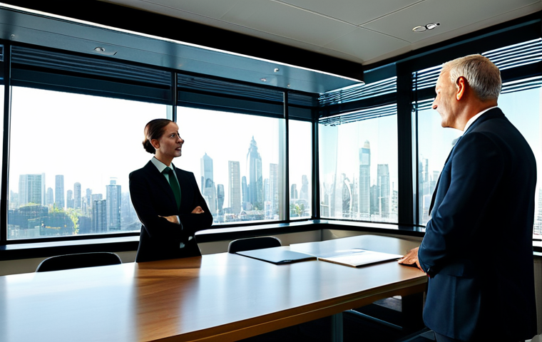 A diverse group of professional business leaders, fully clothed in modest business suits, gathered around a large, transparent digital display in a sunlit, modern corporate boardroom. They are actively discussing sustainability strategies and reviewing complex charts and environmental data, showcasing collaborative engagement. The room features subtle green design elements and a city skyline visible through large windows. Perfect anatomy, correct proportions, natural pose, well-formed hands, proper finger count, natural body proportions, professional photography, high quality, safe for work, appropriate content, family-friendly, professional dress.