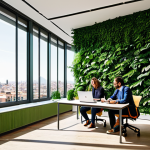 **

"A modern office in Barcelona with lush green walls and employees working on laptops. Solar panels are visible on the rooftop. The scene emphasizes energy efficiency and eco-friendly design. Natural light floods the space.  safe for work, appropriate content, fully clothed, professional, perfect anatomy, natural proportions, high quality"

**