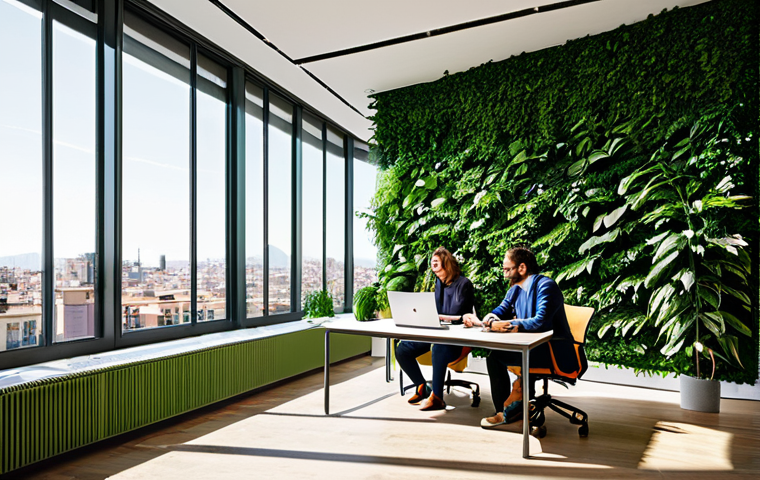 **

"A modern office in Barcelona with lush green walls and employees working on laptops. Solar panels are visible on the rooftop. The scene emphasizes energy efficiency and eco-friendly design. Natural light floods the space.  safe for work, appropriate content, fully clothed, professional, perfect anatomy, natural proportions, high quality"

**