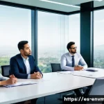 환경경영 이론과 실제 적용의 차이 - A modern corporate office setting in Mexico City, featuring a diverse group of professionals engaged...