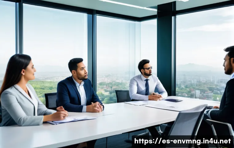환경경영 이론과 실제 적용의 차이 - A modern corporate office setting in Mexico City, featuring a diverse group of professionals engaged...