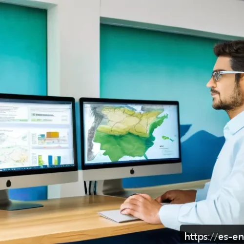 환경경영 분야 취업을 위한 팁 - A professional Spanish environmental scientist in an office setting, working on a dual-monitor compu...