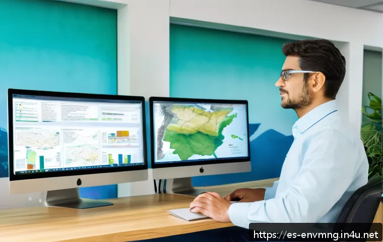 환경경영 분야 취업을 위한 팁 - A professional Spanish environmental scientist in an office setting, working on a dual-monitor compu...