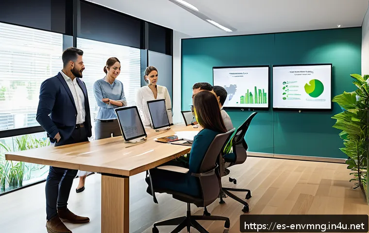 환경경영 전문가 커리어 개발 - A professional environmental manager leading a diverse team meeting in a modern office with green de...