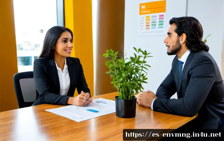 환경경영 직무 관련 인터뷰 질문 - Photorealistic environmental management job interview in a modern Spanish corporate office, confiden...