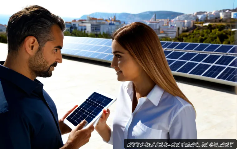환경경영 분야 직무 전망 - Photorealistic environmental management professional reviewing solar farm performance data on a tabl...